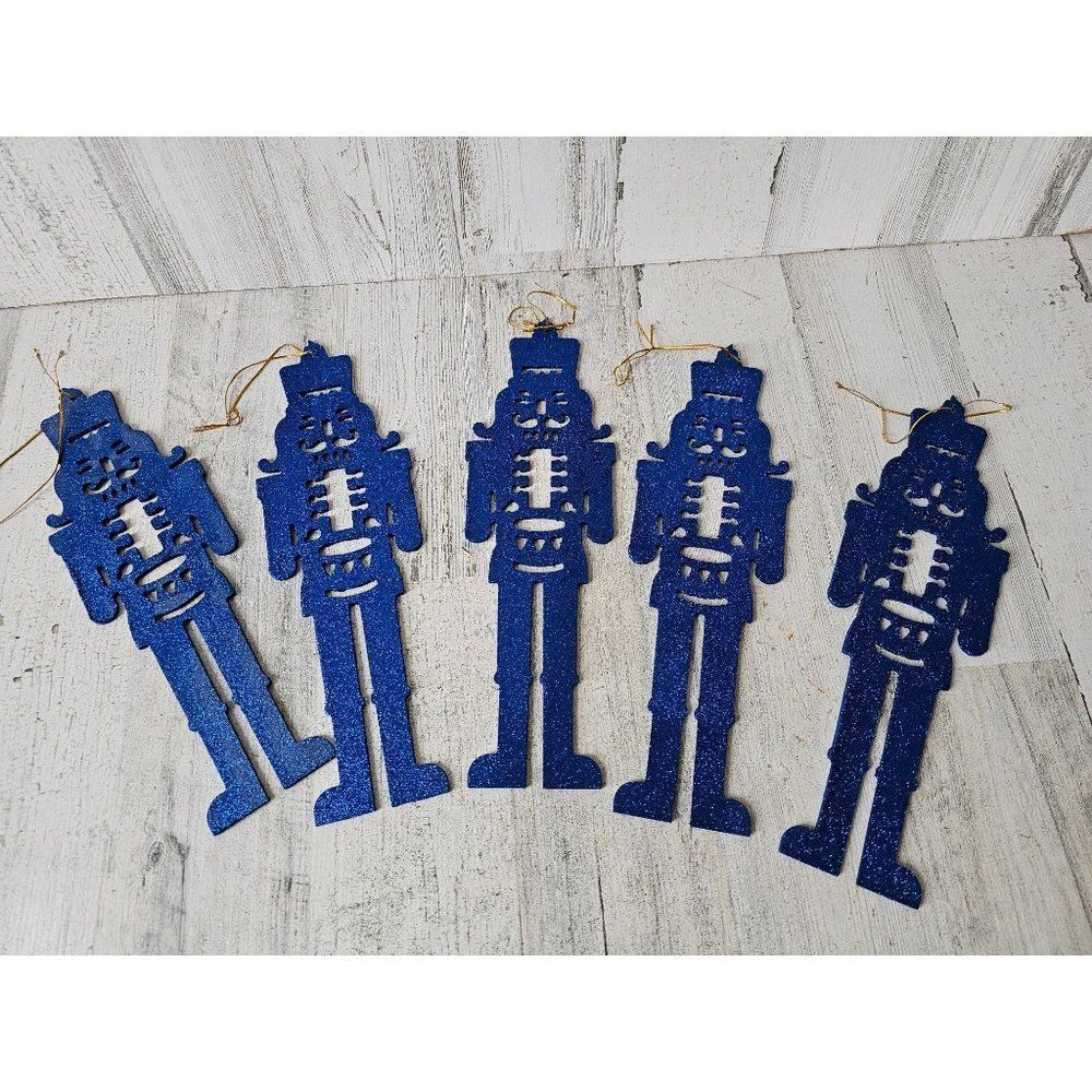 Large blue glitter nutcracker ornament soldier vintage Xmas set